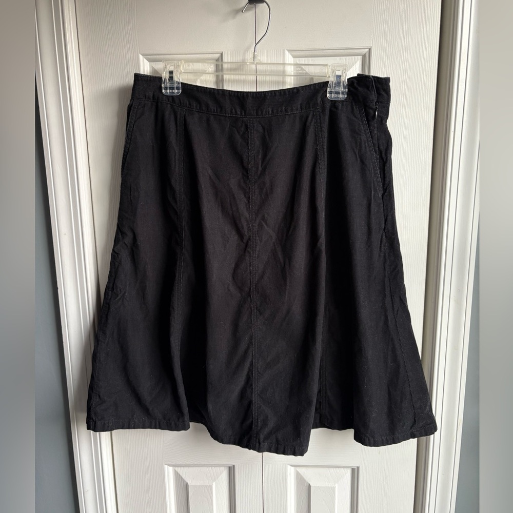 LL Bean Womens Black Corduroy Side Zip Midi Skirt Pockets Preppy Size 14
